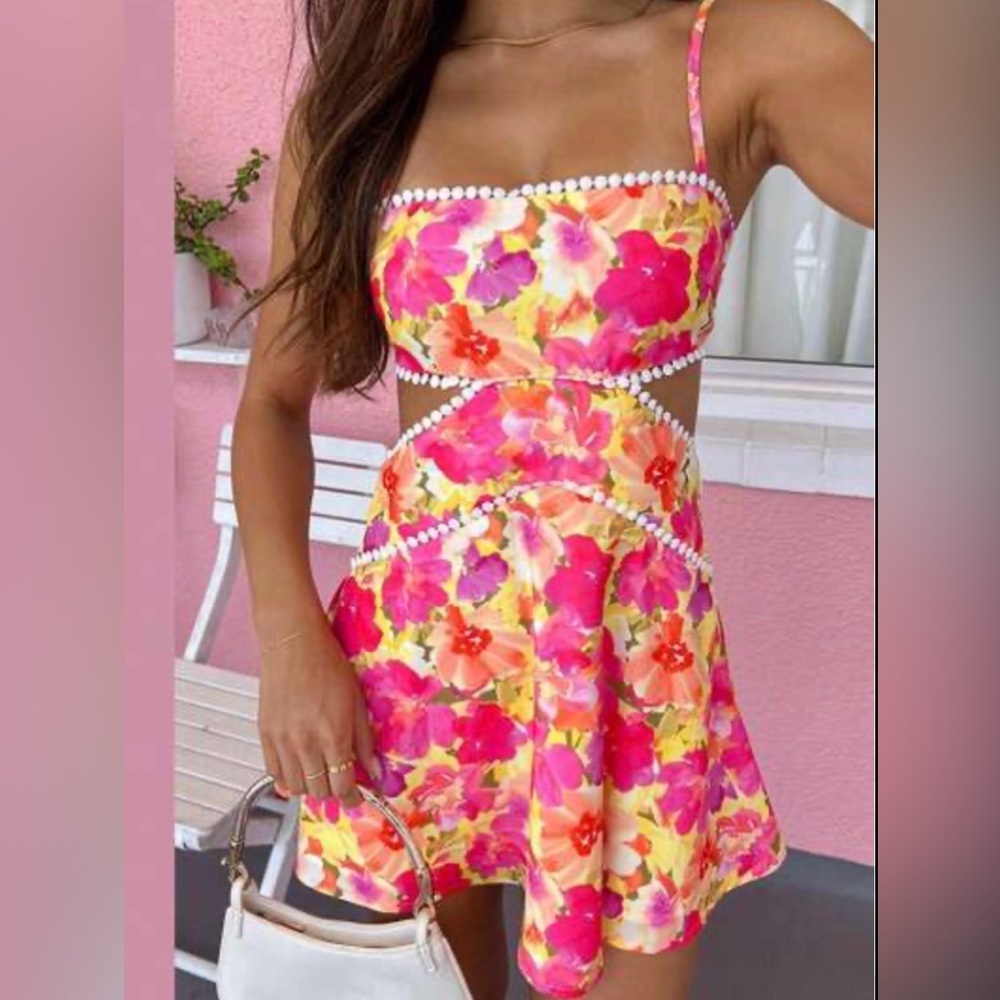Floral Cutout Sundress with Pearled Trim